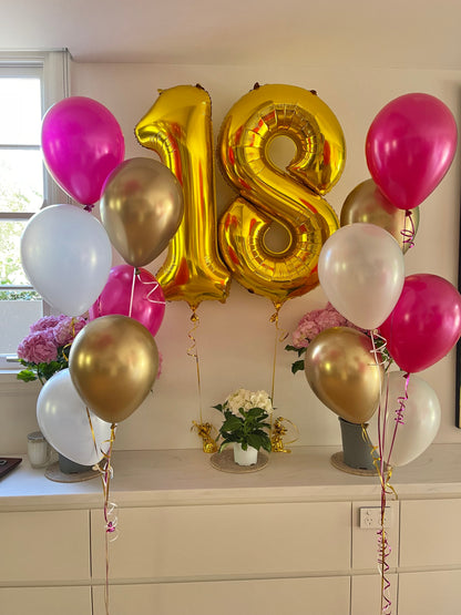 2 Large Rose Gold Numbers with 12 metallic / chrome latex 28cm balloons