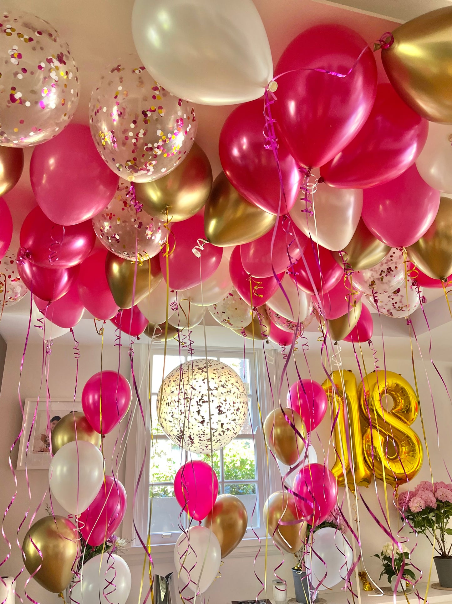 60 Ceiling Balloons with Jumbo Confetti and Number 18 Balloon