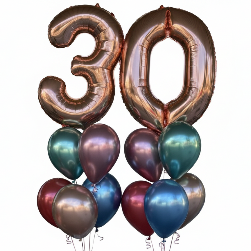 2 Numbers with 12 metallic/chrome latex 28cm balloons